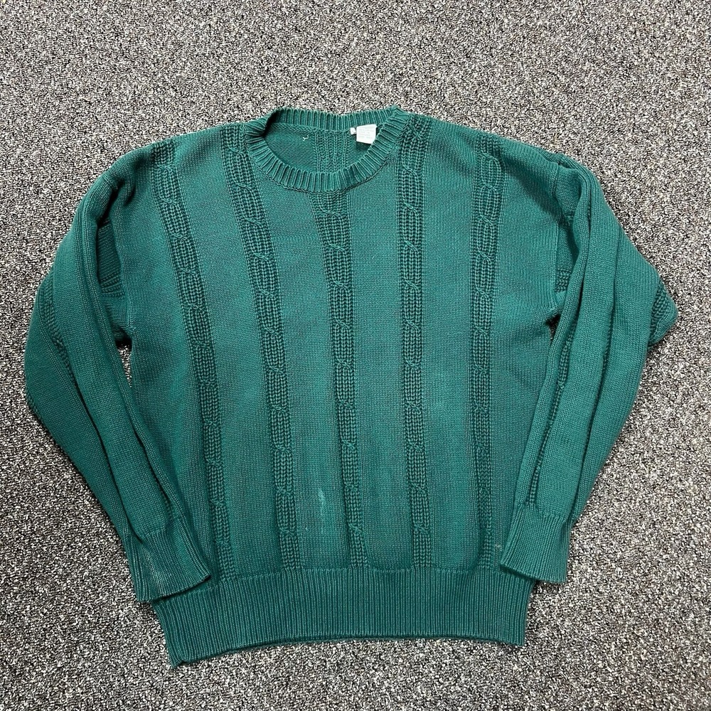 1990s Cable Knit Sweater Vintage Green Pullover Crew Neck Heavy Weight